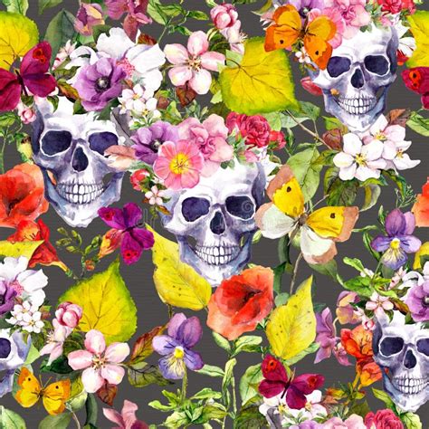 Human Skulls With Rose Flowers Branches Seamless Border Frame