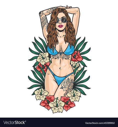 Tattoo Bikini Woman Colorful Label Royalty Free Vector Image