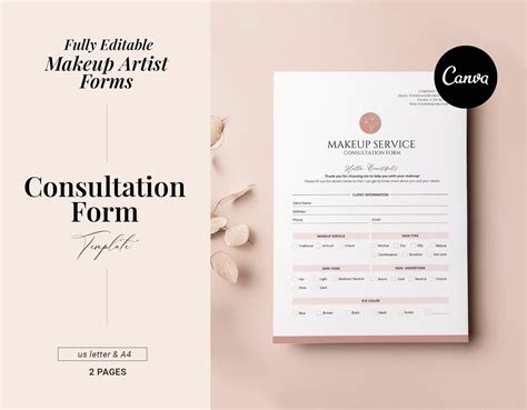 Makeup Artist Client Intake Form Editable Makeup Service Consultation