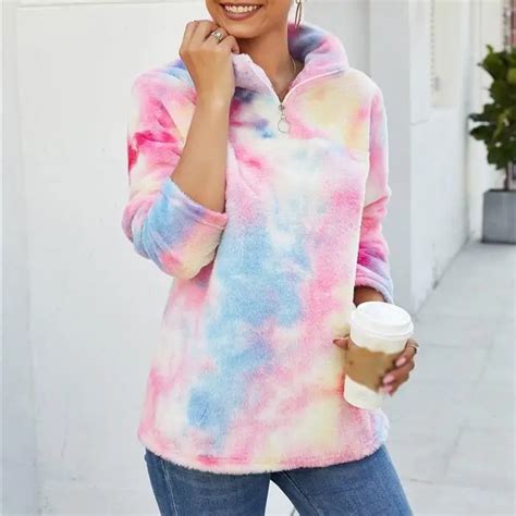 Пушистые толстовки на молнии с принтом «Tie Dye», радужные флисовые ...
