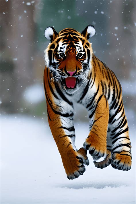 Baby Tiger Jumping in Snow · Creative Fabrica