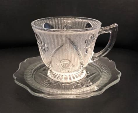 Four Iris And Herringbone Crystal Depression Glass Cup And Saucer Pairs