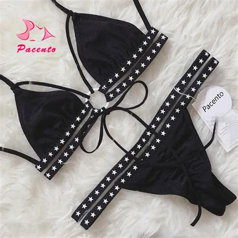 Criss Cross Strappy Stars Bikini Black Bandage Swimsuit Swimming Suit