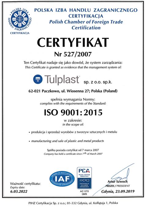 Tulplast uzyskał certyfikat ISO 9001 2015 Tulplast pl