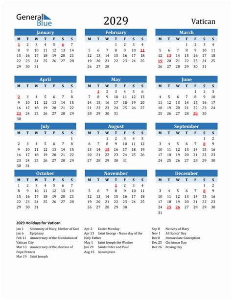 2029 Printable Calendar With Vatican Holidays