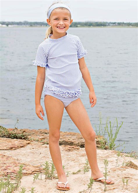 RuffleButts Girl S Seersucker Ruffled Rash Guard Bikini Set Size M Bergdorf Goodman