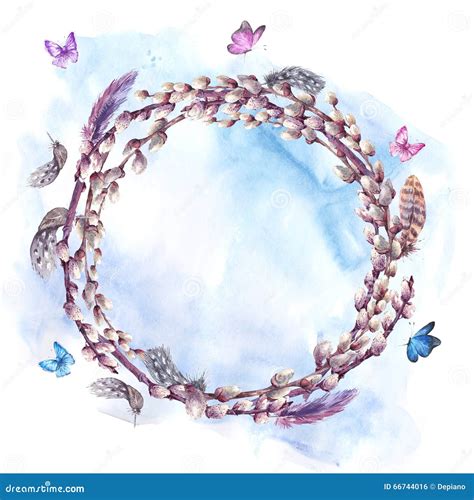 Watercolor Spring Wreath Bouquet With Pussy Willow Stock Illustration Illustration Of