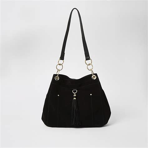 Black Suede Tassel Front Shoulder Bag River Island