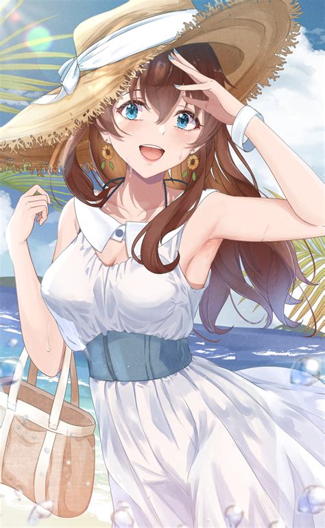 The Big Imageboard Tbib 1girl D Absurdres Armpits Bag Beach Blue Eyes Blue Nails Blue Sky