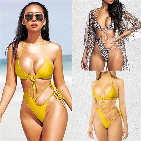 Custom Yellow Solid Swimsuit Triangle Bikini Set 2 Piece Women Swimwear Sexy Bikini China