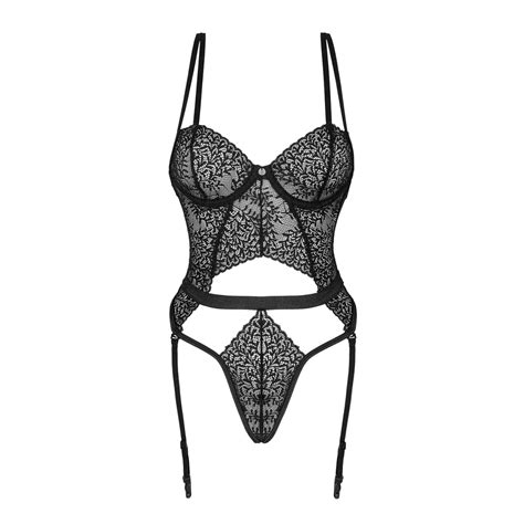 Verführerischer Strapsbody aus zarter Blütenspitze schwarz Catsuits Bodys Club Hot