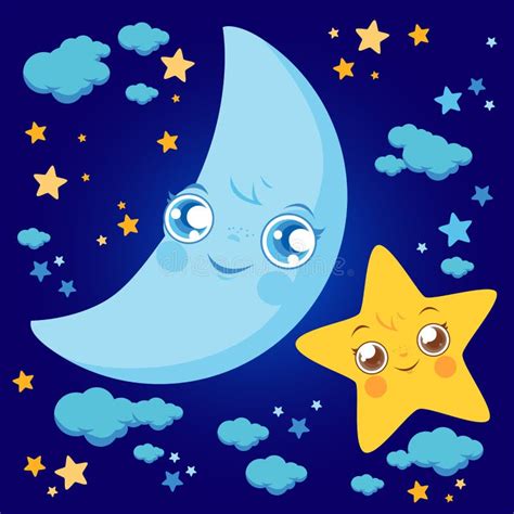 Estrelas E Nuvens Da Lua Dos Desenhos Animados Ilustração do Vetor