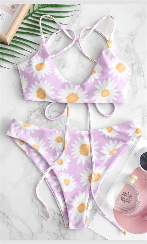 Cute Pink Daisy Floral Bikini Set Swimsuit Summer Style Fashion Swimwear Type Bikini Gender