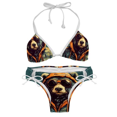 Vintage Bear Detachable Sponge Adjustable Strap Bikini Set Two Pack Swim Suit Beach Pool