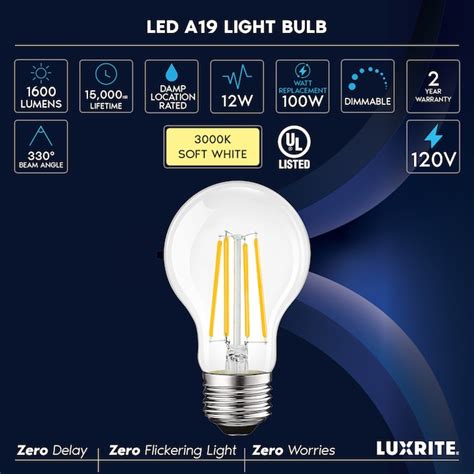 Luxrite 100 Watt Eq A19 Soft White Medium Base E 26 Dimmable Led Decorative Light Bulb 2 Pack