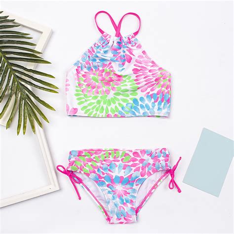 Uublik Girls Swimsuit Fashion Cute Flowers Print Ruffles Bikini Swimsuit Set Sizes 3T 14