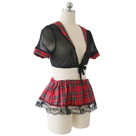 Plus Size Mini Skirt Sexy Lingerie Schoolgirl Lace Plaid Student Uniform Role Play Costume