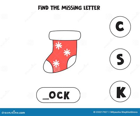 find missing letter  cartoon sock spelling worksheet stock vector