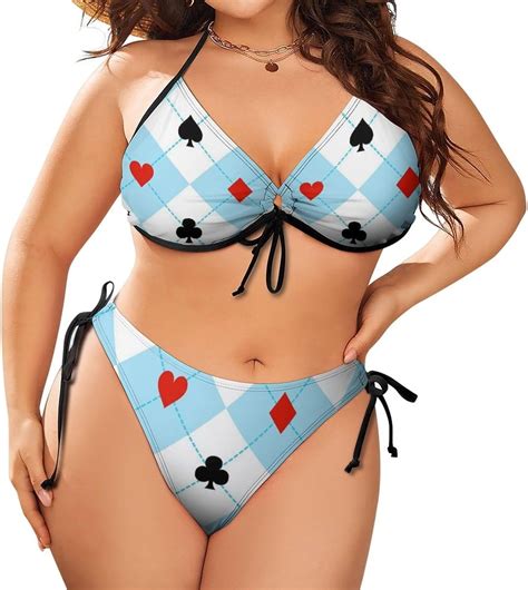 Women Card Suits Blue White Diamond Plus Size String Triangle Bikini Set Adjustable Halter Side