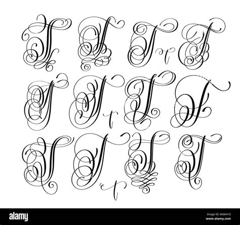 Calligraphy Lettering Script Font T Set Hand Written Stock Vector