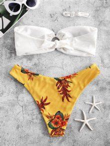 ZAFUL Ribbed Flower Knotted Bandeau Bikini Swimwear In WHITE ZAFUL 2024