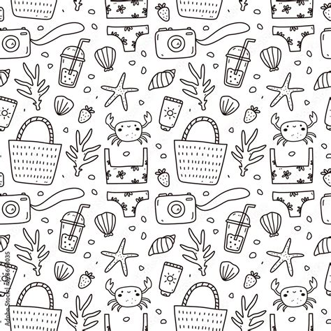 Cute Seamless Pattern With Summer Doodles Beach Bikini Wicker Bag Sunscreen Photo Camera