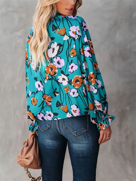 Floral Print Mock Neck Blouse Elegant Long Sleeve Top Spring Temu Canada