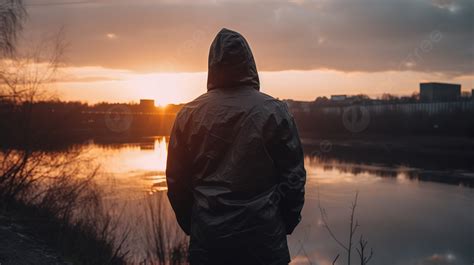 Man Is Looking At The Sunset While Standing Next To A River In A Hoodie