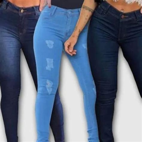 Kit Cal As Jeans Feminina Skinny C S Alto Que Empina Hot Pants Cintura Alta Lycra Strech