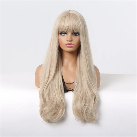 Long Curly Platinum Blonde Synthetic Fiber Hair Wig With Bangs China Fiber Hair Wig And