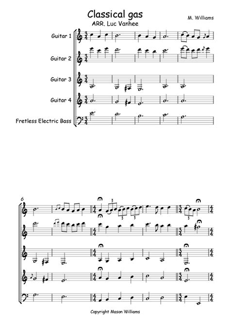 Classical Gas Arr Luc Vanhee By Mason Williams Sheet Music For Guitar Ensemble At Sheet Music