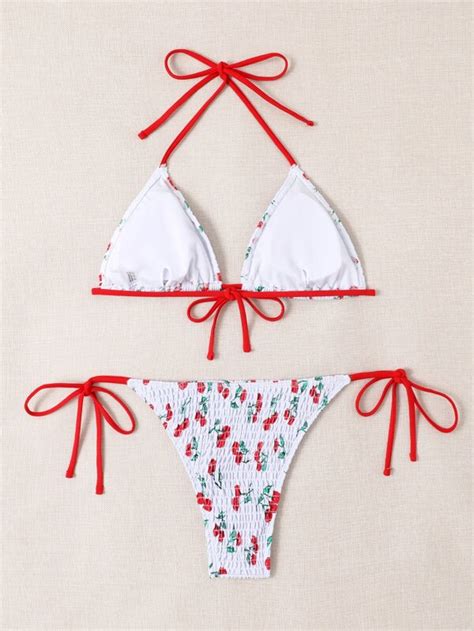Shein Swim Mod Cherry Print Bikini Set Smocked Halter Triangle Bra Tie Side Bottom Piece