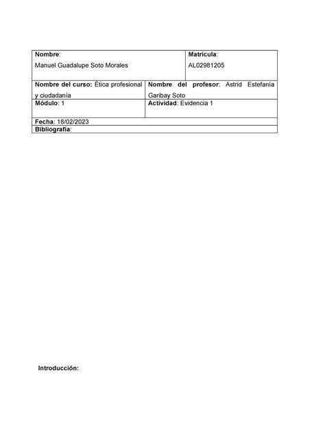 Ética Ev 1 evidencia 1 etica profesional Nombre Manuel Guadalupe