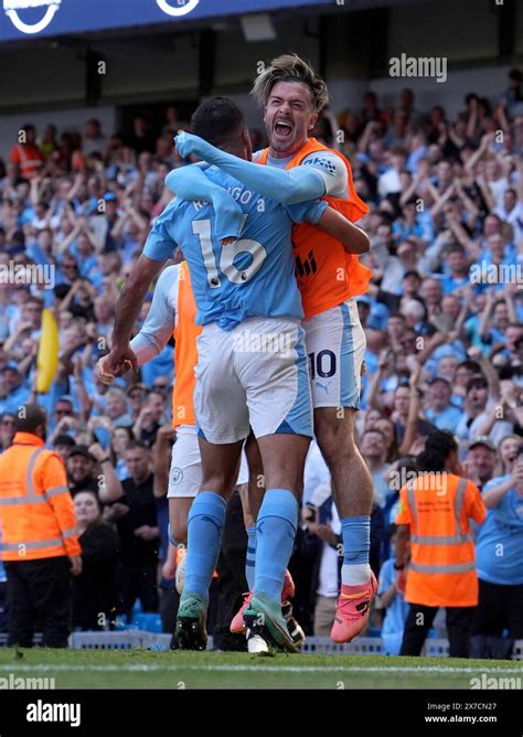 Manchester City S Rodri Left Celebrates With Jack Grealish After