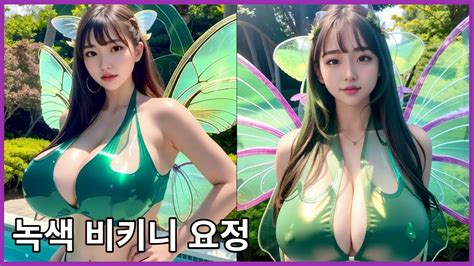 4K AI 룩북 Lookbook 터질것 같은 boob 녹색 비키니 요정 YouTube