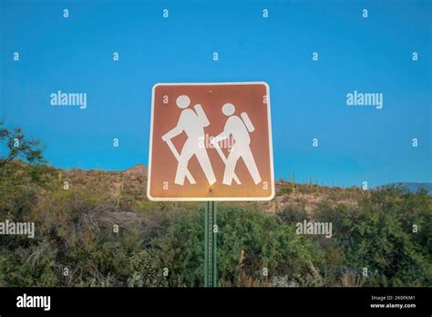 Hiking Trail Sign Post Against The Slope And Blue Sky At Sabino Canyon