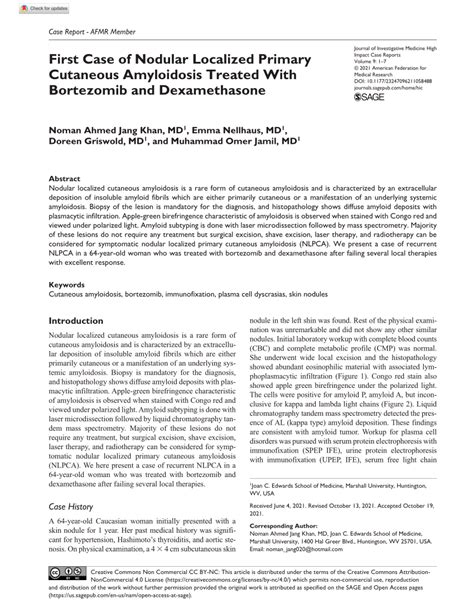 Pdf First Case Of Nodular Localized Primary Cutaneous Amyloidosis Treated With Bortezomib And