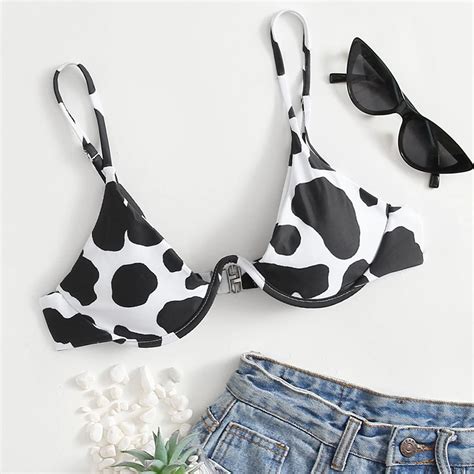 Women Cow Print Underwire Bikini Top Bandeau Bandage Bikini Push Up Brazilian Swimwear Beachwear