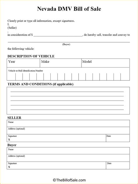 Nevada Bill Of Sale Form For General Car Vehicle Dmv Pdf