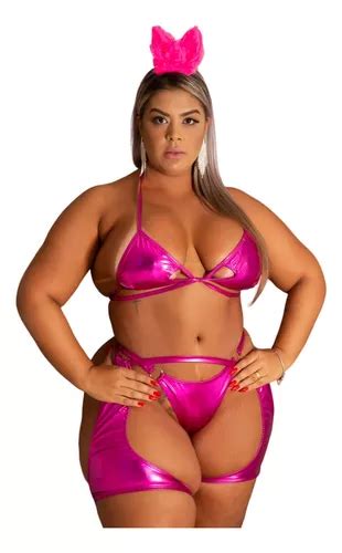 Cj Lingerie Fantasia Sexy Coelhinha Rosa Plus Size Completo Parcelamento Sem Juros