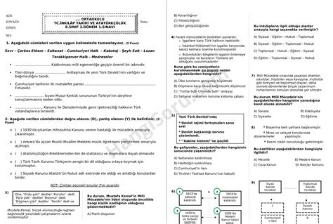 8 Sınıf İnkılap Tarihi 2 Dönem 1 Yazılı Soruları ZOR HangiSoru