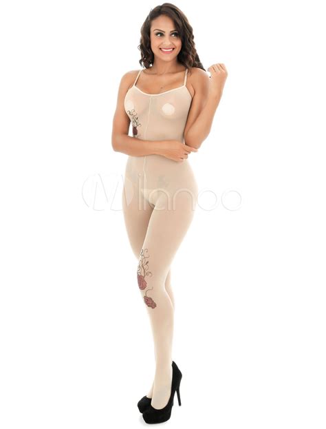 Women Sexy Bodystocking Floral Print Semi Sheer Spaghetti Straps Flesh Lingerie Milanoo