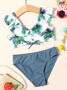 Conjunto de bikini con nudo delantero tropical para niñas