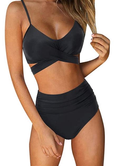 Women Criss Cross High Waisted String Floral Printed 2 Piece Bathing Suits Wrap Bikini Set Push