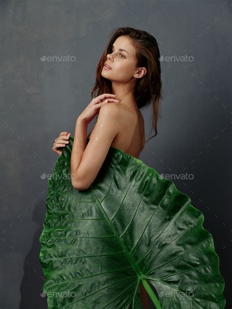 Charming Woman With Green Leaf Covers Naked Body Dark Background Stock Photo By Shotprime