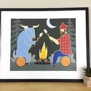 Paul Bunyan And Babe The Blue Ox Campfire 16x20 Poster Etsy