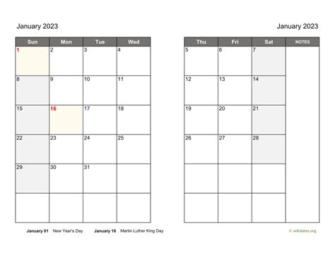 Monthly 2023 Calendar on two pages | WikiDates.org