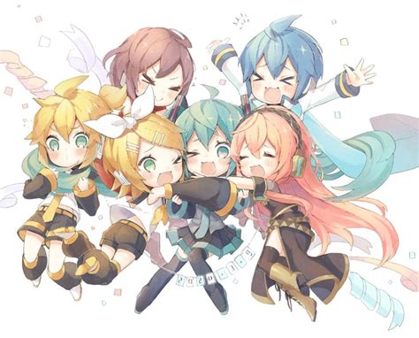 Blonde Hair Blue Eyes Blue Hair Blush Boots Brown Hair Cat Smile Green Eyes Group Hatsune Miku