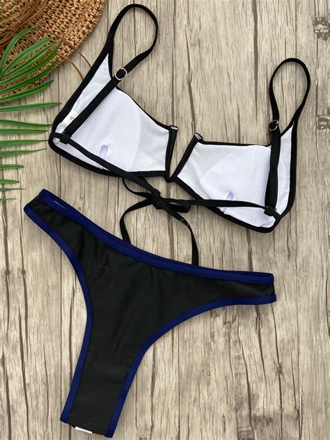 Maillots De Bain Deux Pi Ces Noir Lacets Cou Bretelles Taille