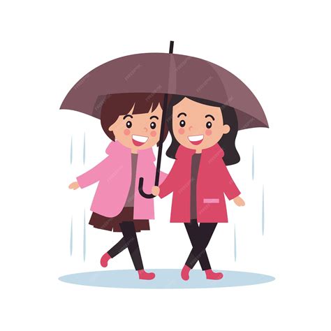 Premium Vector | Two girls walking under one umbrella smiling during